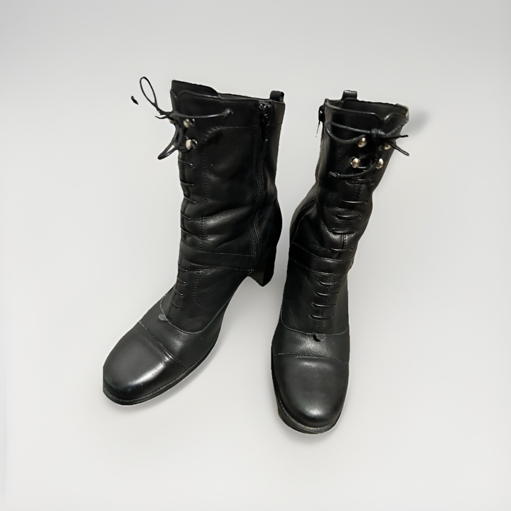 Vintage Naturalizer Black Leather Women's Block Heel Boots Sz 7 1/2 Steampunk - Picture 2 of 6